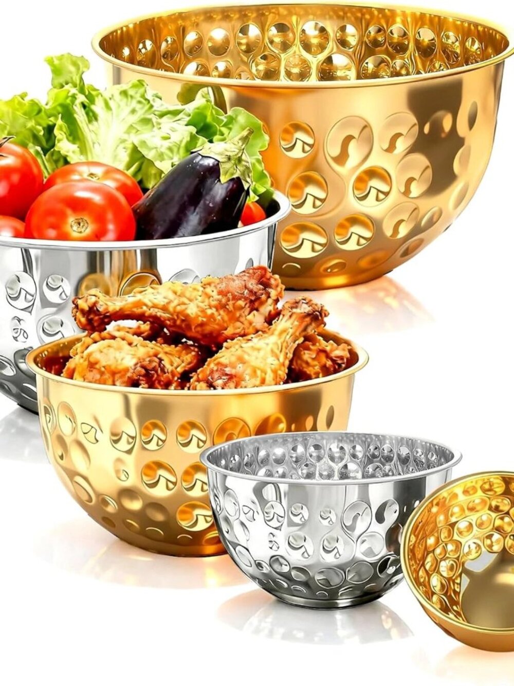 5-Piece Stainless Steel Mixing Bowls Set Hammered Gold Silver GORGEOUS! NIB